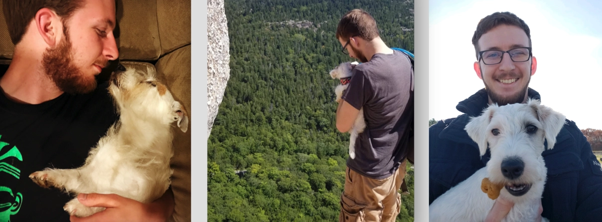 Man with dog in various outdoor settings.