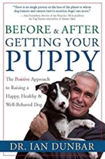 Man holding puppy on book cover.