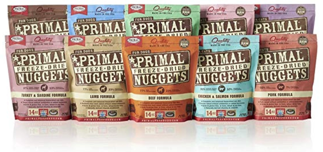 Primal freeze-dried dog food nugget packages. Primal freeze-dried dog food nugget packages.